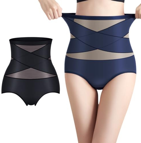 2XK-NOV Braguitas para Mujer, Cintura Alta, Bragas Fajas Reductoras Abdomen, Ropa Interior Transparente De Seda Hielo (FR/ES, Letras, M, Regular, Regular, 2, Negro+Azul)