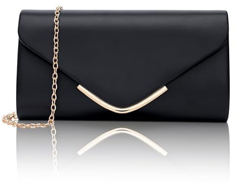 Larcenciel Pochette Donna, Pochette Nera in Pelle Vegana con Catena Rimovibile, Elegante Clutch Borsa da Sera a Busta, Minimalista Borsa a Tracolla per Feste, Cerimonie, Matrimoni, Prom, 22x12x5CM