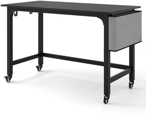 LIFEZEAL skrivbord på rullar, datorbord med metallram, laptopbord med krok och sidoficka, kontorsbord arbetsbord för sovrum, arbetsrum, 120 x 60 cm (svart)
