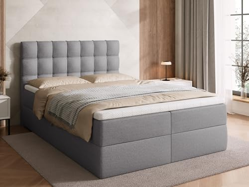 BROMARKT Boxspringbett 140x200cm mit Topper und Bettkasten H3 Grau | Doppelbett für Schlafzimmer mit Bonell Matratze Stauraum und gepolsterte Kopfstütze Bett Bed Einzelbett Federkern DETROIT
