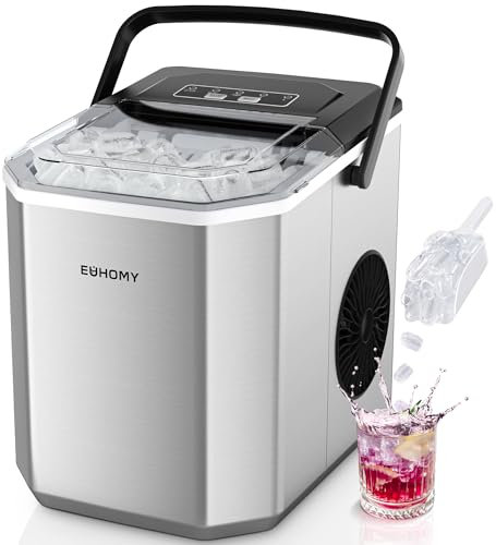 EUHOMY Macchina per il Ghiaccio: 9 Cubetti in 6 Minuti, Macchina del Ghiaccio Casa Autopulente, 2 Dimensioni di Ghiaccio,12KG/24H con Maniglia/Paletta/Cestello, Acciaio Inossidabile