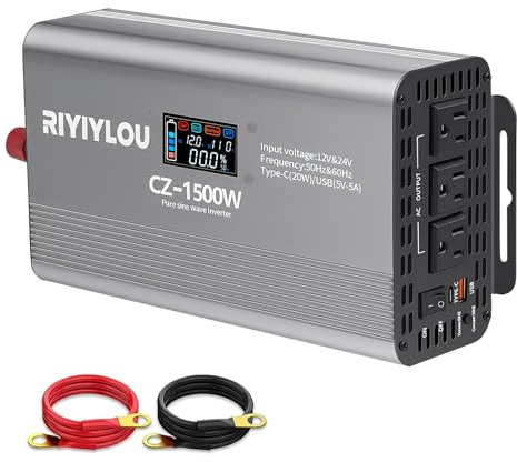 1500W Pure Sine Wave Inverter 12V/24V Auto LCD USB-C for RV Home