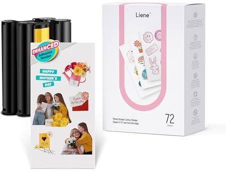 Liene Sticker Paper & Cartridge (Enhanced Adhesion Version) - Includes 2 Ink Cartridge Refills & 72 Sheets of 4x7 Printable Sticker Paper, Dye Sublimation, Compatible Only with Liene PixCut S1