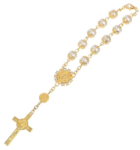 TINEASUR Rosenkranz für Auto Rückspiegel Anhänger mit Kreuz Goldene Aluminiumlegierung Flexibles Auto Aufhängezubehör 20cm für Stilvolle Innendekoration
