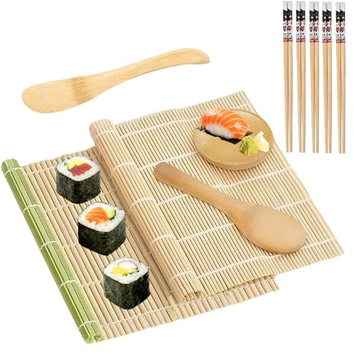 Wefaly 10 Stück Sushi Set für Anfänger, Sushi Matte 2 Wiederverwendbar Bambusmatte Roller 5 Paar Essstäbchen 1 Reisstreuer 1 Ölschale 1 Paddel Su shi Maker für Küche und Japanische Restaurants