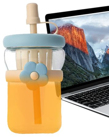 Generisch Bouteilles en verre réutilisables - 500 ml - Bouteille d'eau en verre à large ouverture - Récipient anti-fuite avec paille en silicone réutilisable - Pour café, thé, boissons, lait chaud