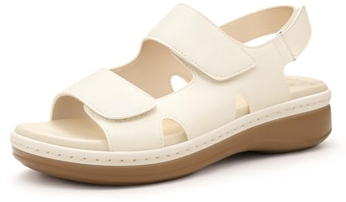 PIZZ ANNU Clara Sandalias Ortopedicas Mujer Verano Comodas Zapatos con Cuña Ligera y Velcro Ajustable Suela Antideslizante para Uso Diario Blanco sucio EU 40