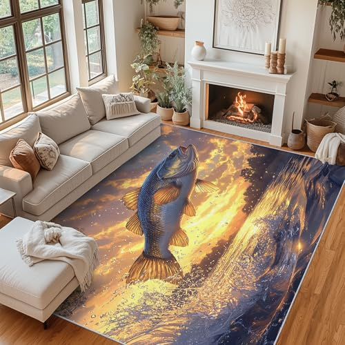 Generisch Fußmatte Wolfsbarsch 40x60 cm, Teppich Angler Sonnenuntergang Weicher Waschbarer Antirutsch Kurzflor Carpet für Eingangsbereich Bettvorleger P-&28