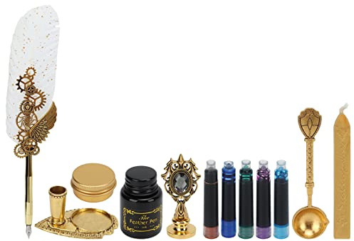 Haofy Fjäderpennaset med Bläckpåse och Stämpelhållare Retrostil Dip Quill Writing Kit för Kalligrafikonst, Julklapp, Julklapp (SP287900 + bläckpåse modell Ancient Gold Gear)