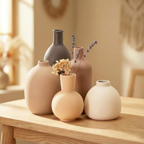 OFFASST Set de 5 Vase Décoratif en Céramique | Petit Vase pour Centre de Table Salle à Manger | Décoration Moderne pour Fleurs Séchées, Pampas et Bouquets | Couleurs Morandi