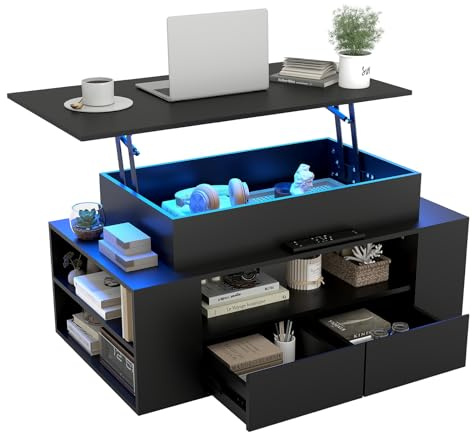 YU YUSING Mesa de Centro Elevable y Extensible con Luz LED, Amplio Espacio | 92 x 50 x 43-56 cm, Estructura de Acero, Control por Aplicación y Botones, Negro