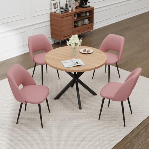 JZGORC Esstisch und Stuhlset, 100 cm Runder MDF Esstisch, 4 Gepolsterte Küchenstühle aus Cord mit Hohlrückenlehne, für Esszimmer, Wohnzimmer, Küche (Helle Farbe + Rosa)