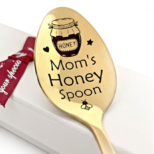 Personalised Honey Spoon - Custom Engraved Teaspoon with Name, Unique Bee Lover Gift for Mum, Grandma, BFF Birthday or Xmas Present, Long Handle Pot Scraper (Gold)