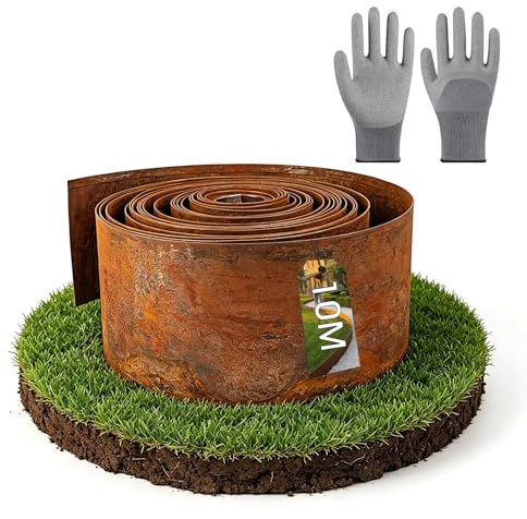 Rabattkant av cortenstål – rabattkant av metall, 15 cm hög – enkel montering – rabattkant med rost, 1 par monteringshandskar inklusive (längd 10 m)
