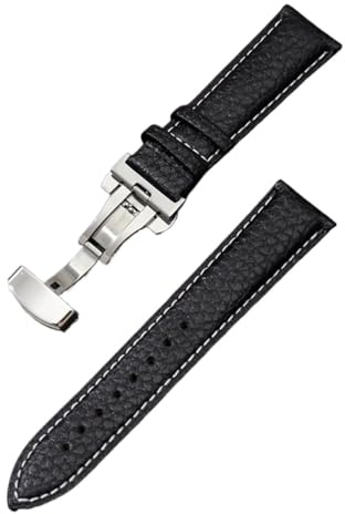 yingyingjia Kalvskinnsarmband Litchi Grain-rem Klocktillbehör 18/20/22/24 mm Armband i äkta läder med fjärilsspänne(Black(white line),20mm)