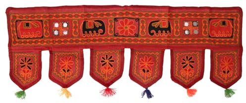 Indischer Wandbehang, Wimpel mit Pailletten, Elefant rot | 100 % Baumwolle, reich bestickt mit Perlen, einzigartig, farbenfrohe Dekoration, ideal für Eingangsbereiche