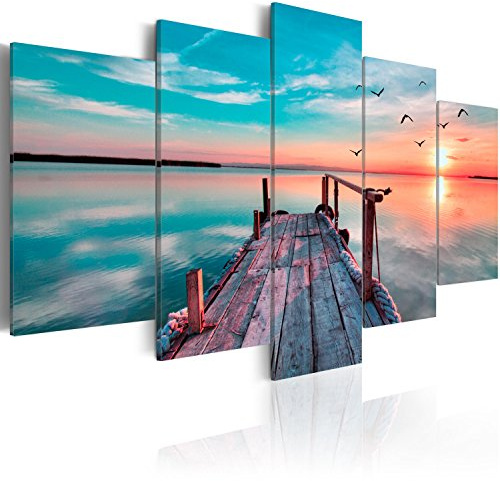 B&D XXL - Leinwandbild Brücke See Himmel, 200x100 cm, 5-teilig, Wohnzimmer | Hochwertige Leinwand, sofort aufhängbar, ideal fürs Wohn- oder Schlafzimmer, wasserfest und lichtecht, langlebig, stilvoll