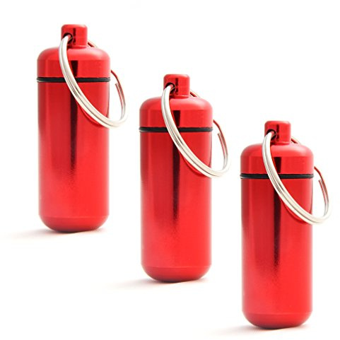 Ganzoo Pillen-Dose Schlüsselanhänger mini, Aluminium-Kapsel für Kleinteile und Medikamente, wasserdicht durch Schraubverschluss mit Gummidichtung, rot, 45mm hoch, Ø 17mm außen, Ø 15mm innen, 10g