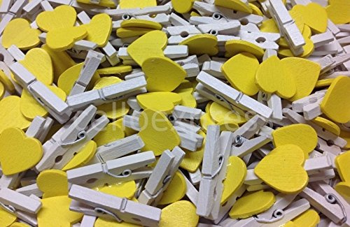 celloexpress 30mm Love Hearts on Mini WHITE Wooden Craft Pegs - Yellow - Pack of 50