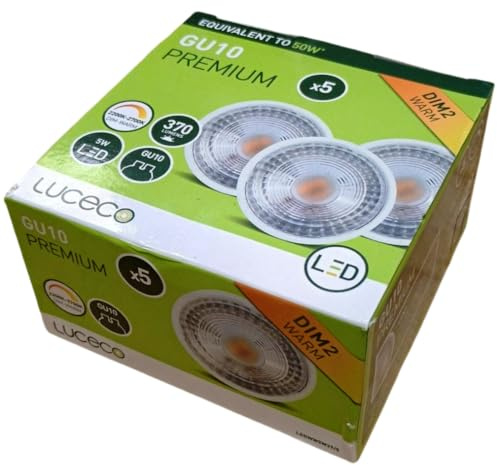 Dim2Warm GU10 LED Light Bulbs WarmGlow, Dimmable Spotlight Lightbulbs 5w - 50w Halogen Replacement 370Lm Warm White Lamps for Light Switches, LED Dimmers, Downlights, by luceco BG - Pack of 5