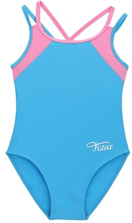 TIZAX Costume da Bagno Intero per Bambina e Ragazze Cinghie Incrociate Solide Rashguard UPF 50+ Asciugatura Rapida Blu 9-10 Anni