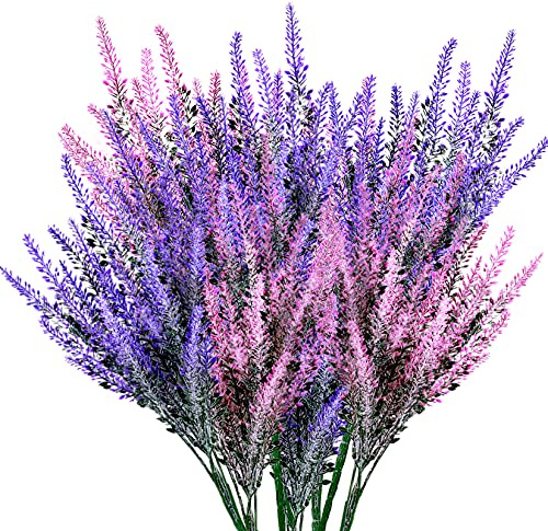 SZJYG 8 Pcs Artificial Lavender Flowers Bouquets, Decorative Plastic Faux Fake Flowers, Lavender Plants Greenery Shrubs Bushes Decorations for Indoor Outdoor Home Wedding Garden Decor - Purple & Pink