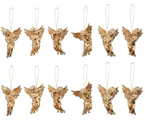 12 piezas de colgante de árbol de Navidad, decoraciones de ángeles colgantes de Navidad, colgante de mini querubines, colgante de figura de ángeles para adornos de fiesta de árbol de Navidad, dorado