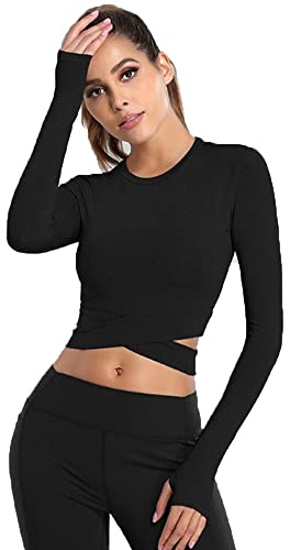 FFWTPY Maglia Sportiva da Donna Magliette a Maniche Lunghe Yoga Top Corto Senza Cuciture Camicia Sportiva Allenamento Asciugatura Rapida Magliette per Fitness Palestra
