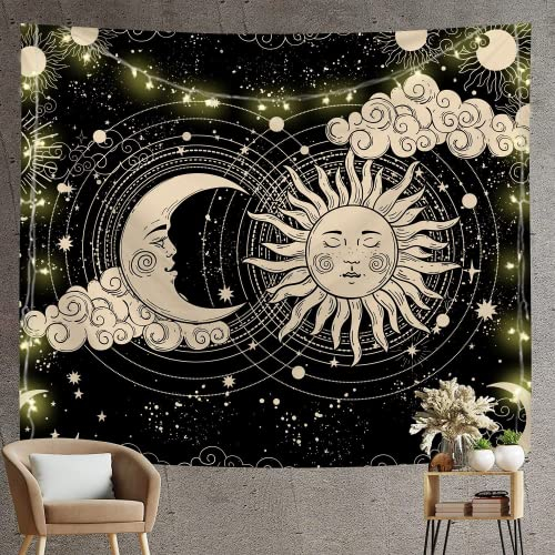 Arawat Arazzo Sole Luna Oro Nero - Decorazione Parete Psichedelica Gotica Trippy Boho - Tappeto Pendente (150 x 200cm)