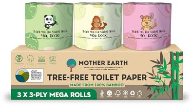 MOTHER EARTH Bamboo Toilet Paper - Ultra Soft & Strong 3-Ply Bath Tissue, 400 Sheets Per Roll, Hypoallergenic & Septic Safe, Mega Rolls, Pack of 3 Rolls