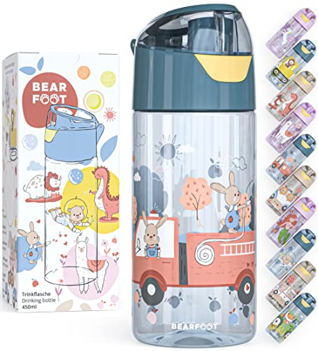BEARFOOT Trinkflasche Kinder 450ml, leichte Tritan Wasserflasche, BPA frei, auslaufsicher, Kohlensäure geeignet, spülmaschinenfest für Jungen, Mädchen, Kindergarten - (Blau - Feuerwehrhasen)