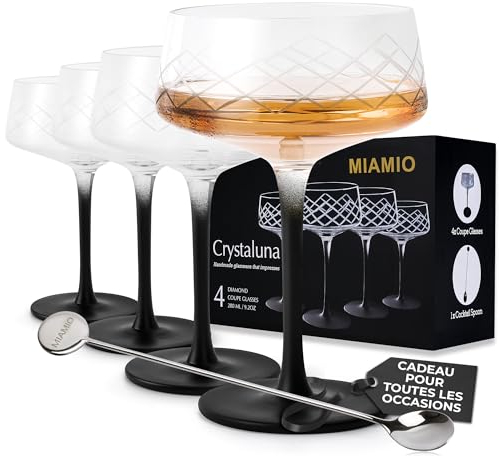 MIAMIO – Juego de 4 copas de cóctel de 280 ml con cuchara de bar, copas de cóctel de cristal sopladas a mano con tallo negro, copas de cóctel únicas, vodka martini, champán - Colección Crystaluna