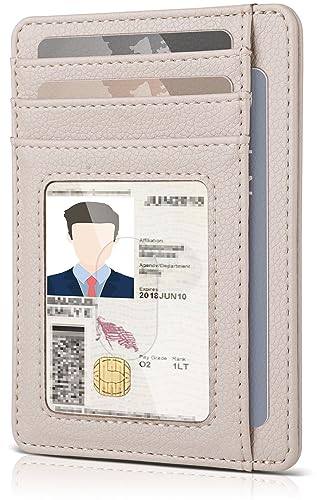 Teskyer Mini Portemonnaie, Kleines Kartenetui, PU Leder Schlankes Kartenetui, RFID-Schutz, Minimalistischer, mit ID-Fenster und Schnellzugriff-Fach, Beige