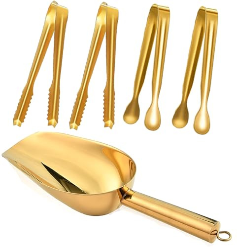 Stainless Steel Ice Scoop and Ice Tongs,Food Scoop Metal Ice Scooper&Buffet Clip for Home Bar Buffet Wedding Canisters, Easy Clean & Durable (gold)