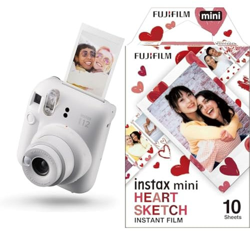 Fujifilm instax Mini Appareil Photo instantané 12, Exposition Automatique avec Objectif Selfie intégré, Blanc Argile & Fujifilm instax - Film Mini Heart Sketch (10 Vues)