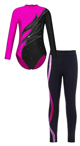 Freebily Enfant Justaucorps avec Pantalon Leggings Gymnastique Danse Ballet Performance Garçon Fille Ensemble Tenue Patinage Artistique Collants Ado Dancewear 5-14 Ans Rayure Rose 9-10 ans