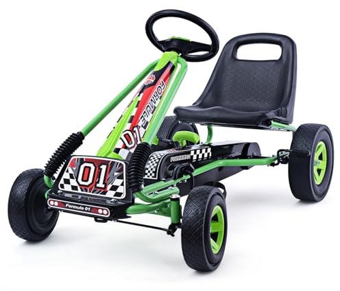 COSTWAY Go Kart Racing para Niños Coche de Pedal Asiento Ajustable con Ruedas de Goma Embrague y Freno Infantil Juguete (Verde)