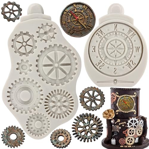 MYPRACS 2 Stück Steampunk Zahnrad Silikonform Kompass Zahnräder Zahnräder Zähne Fondant Formen für Steampunk Reisethemen Kuchendekoration Cupcake Topper Süßigkeiten Schokolade Gummipaste Polymerton