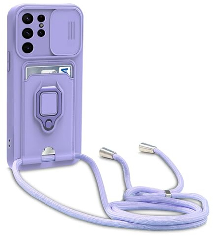 yanasuo Camera Protection Lanyard Phone Case for Samsung Galaxy S24 Ultra, Card Holder, Slide Camera Cover, Silicone Cord Strap rope Shell TPU Shockproof Bumper Cover-Purple