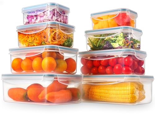 YASHE 16 Pieza Envases para Alimentos (8 envases, 8 tapas) Recipientes de Plástico Alimento con Tapas Herméticas, a Prueba de Fugas, Aptos para el Congelador, el Microondas y el Lavavajillas, Sin BPA