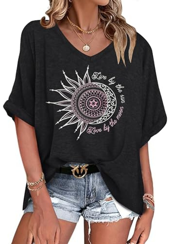WNEEDU Oversize t-shirt damer sommar v-ringad topp damer kortärmade toppar sommar blus skjorta lös lätt och luftig