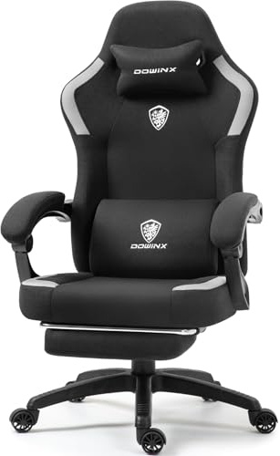 Dowinx Gamingstolstyg med vårkudde, massage gamingfåtölj med fotstöd, ergonomisk PC-stol, gamingstol, kontorsstol, 150 kg lastkapacitet, svart