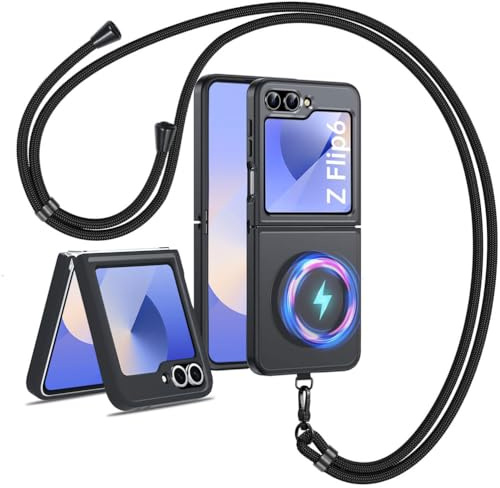 Mkej Funda Magnética Compatible con Samsung Galaxy Z Flip 6/ Z Flip 7 FE con Cordón, Compatible con MagSafe, Carcasa Translúcido Mate Protección, Shock-Resistant TPU+PC Bumper Case Funda, Negro