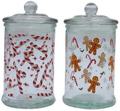 Dekohjälte24 aromburk, matburk, glasbehållare med julmotiv, kakburk med pepparkakor och sockerpinnmotiv, H/Ø: 15 x 8 cm, kapacitet 300 ml per glas, leveransen omfattar 2 förvaringsburkar.