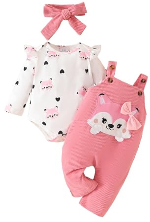 UUAISSO Vestiti per Neonate Top Floreali Tuta Orso Salopette Regolabile Tuta Set di Abiti Volpe rosa 3-6 mesi