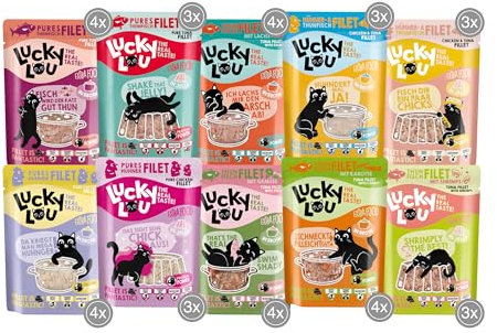 Lucky Lou Extrafood Mix-Paket Katzenfutter nass - 36 x 70g - hochwertiges Nassfutter (Ergänzungsfutter) mit viel Protein, getreidefrei & ohne Zucker für Katzen