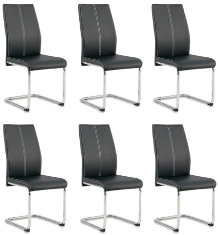 Colorig Faux Leather Dining Chairs Set of 6, High Backrest Kitchen Chairs with U Shape Chrome Metal Legs, Easy Clean Chair for Living Room Dining Room Office Kitchen (6, Black)