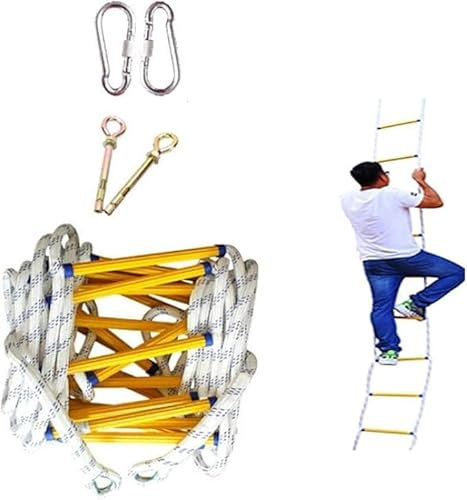LUMSGN Échelle de Secours 8 m, 3 étages | Ancrages Inclus | Échelle de Corde pour Maison, 3e étage | Portable, Pliable et compacte | Échelle de Secours pour Balcon et fenêtre, Jaune (30 m)