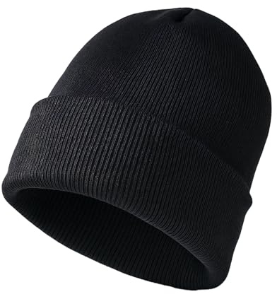 Tweruna Black Beanie Hat for Men Women, Soft Warm Knit Boys Beanie Hat, Black Cuff Beanies Cap for Girls Boys Warm Winter Hat