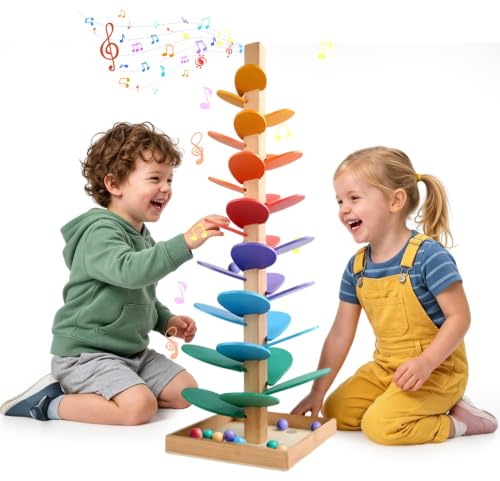 WRQIOO Murmelbahn Holz, Klangbaum, Kugelbahn Holz Baby, Klangturm, Klang Murmelbahn Regenbogen, Murmelturm Ho-lz Montessori mit 10 Kugeln, für ab 3 Jahr
